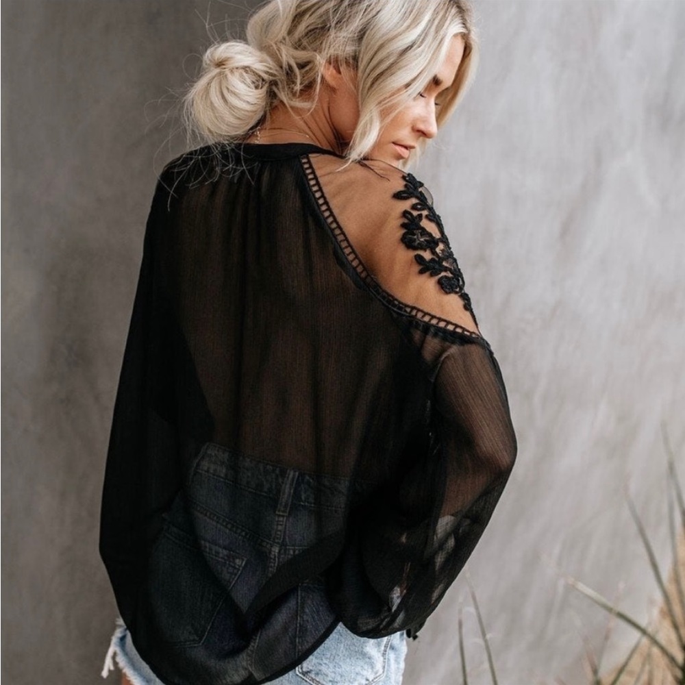 Boho Black Lace Floral Embroidery Blouse - Picture 5 of 6